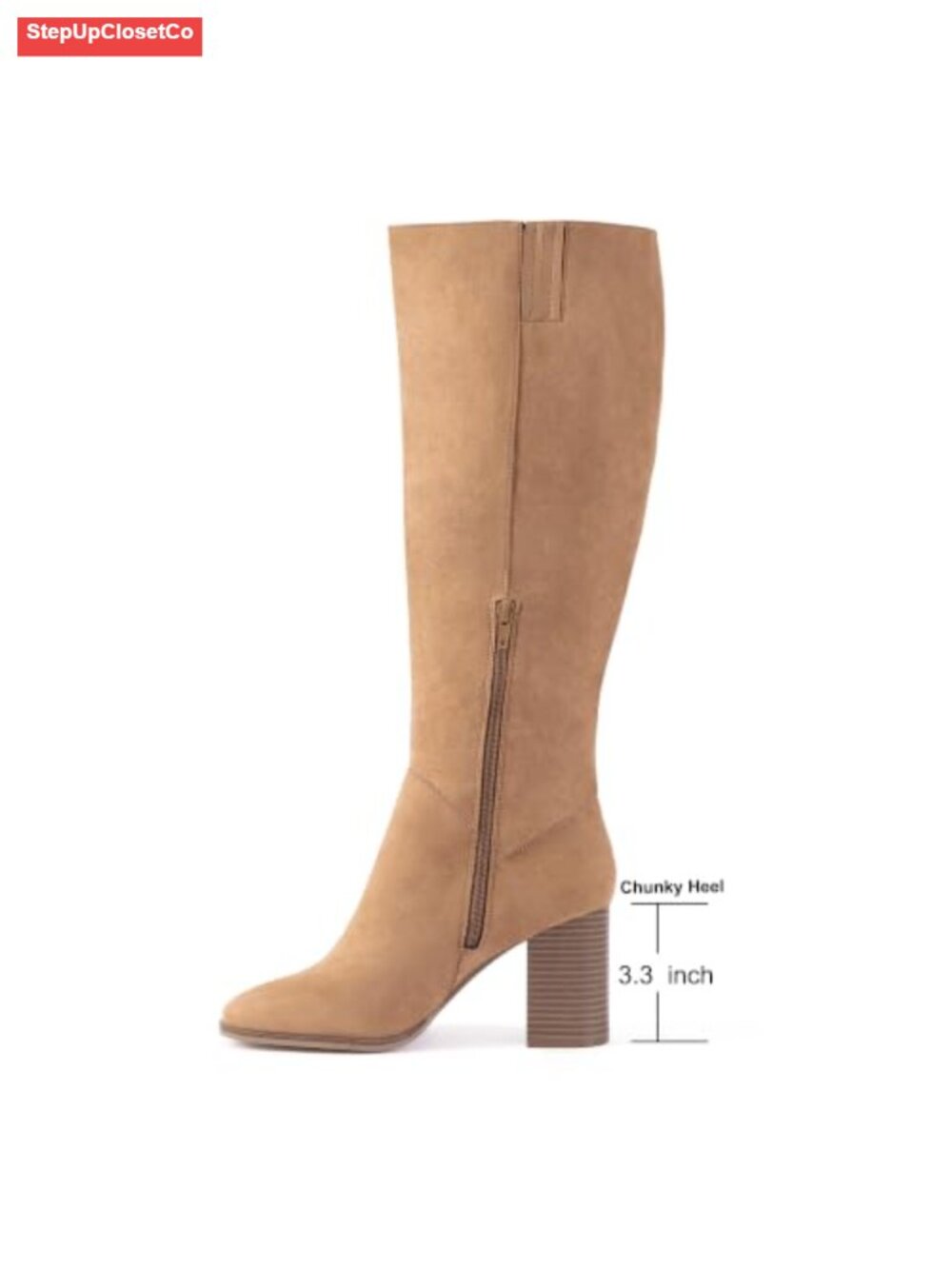 Women's Knee High Boots Faux Suede Block Heel Square Toe Side Zipper - Picture 5 of 6